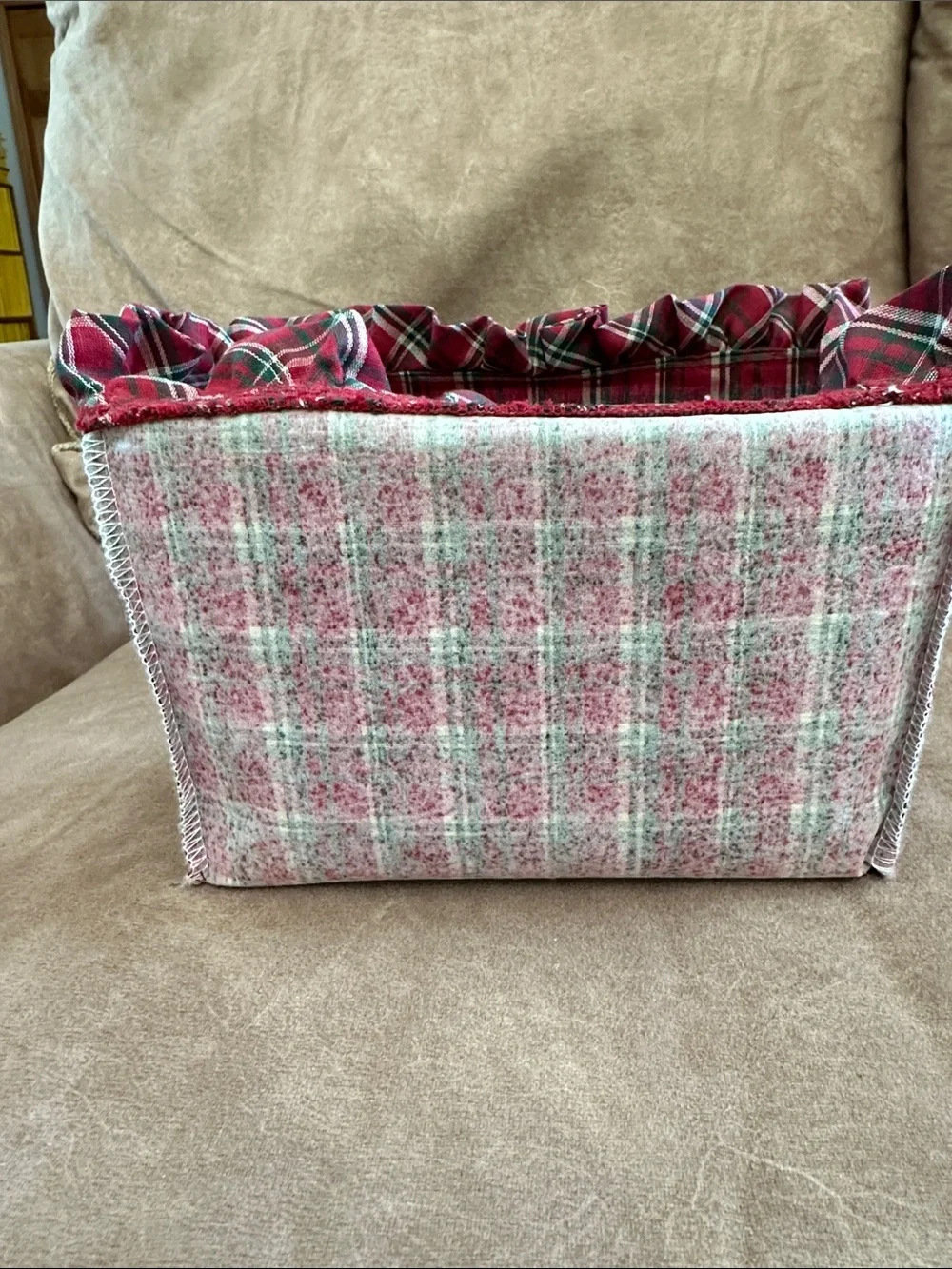Longaberger Natural Wood Basket with Red Accents and Plaid Liner